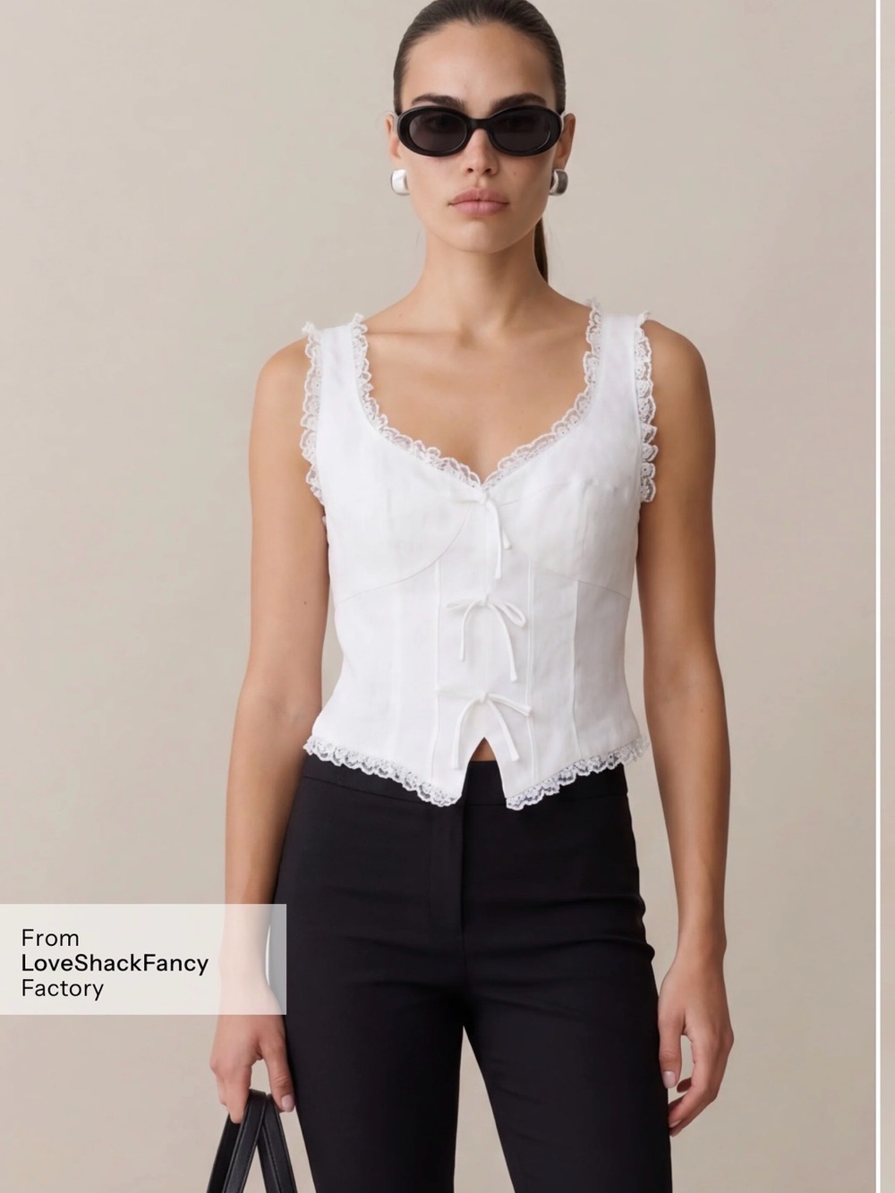 LoveShackFancy White Lace-Trim Bow Front Corset Top